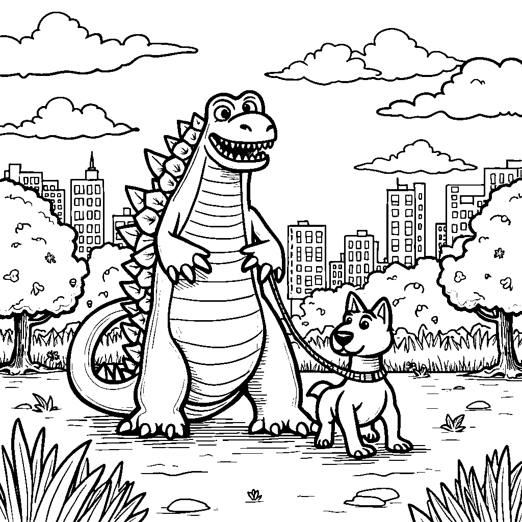 Godzilla walking a dog on a leash through a city park