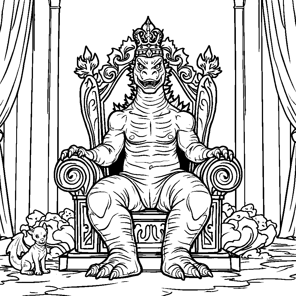 Godzilla wearing a crown, sitting on a throne