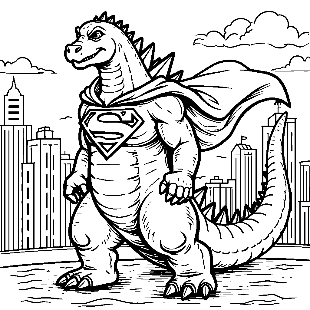 Godzilla wearing a superhero cape and saving the day