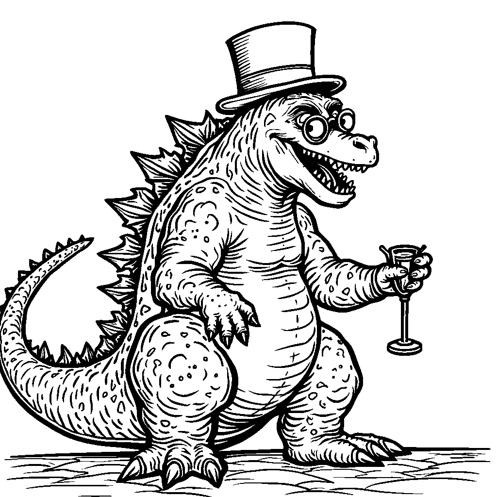 Godzilla wearing a top hat and monocle, looking fancy