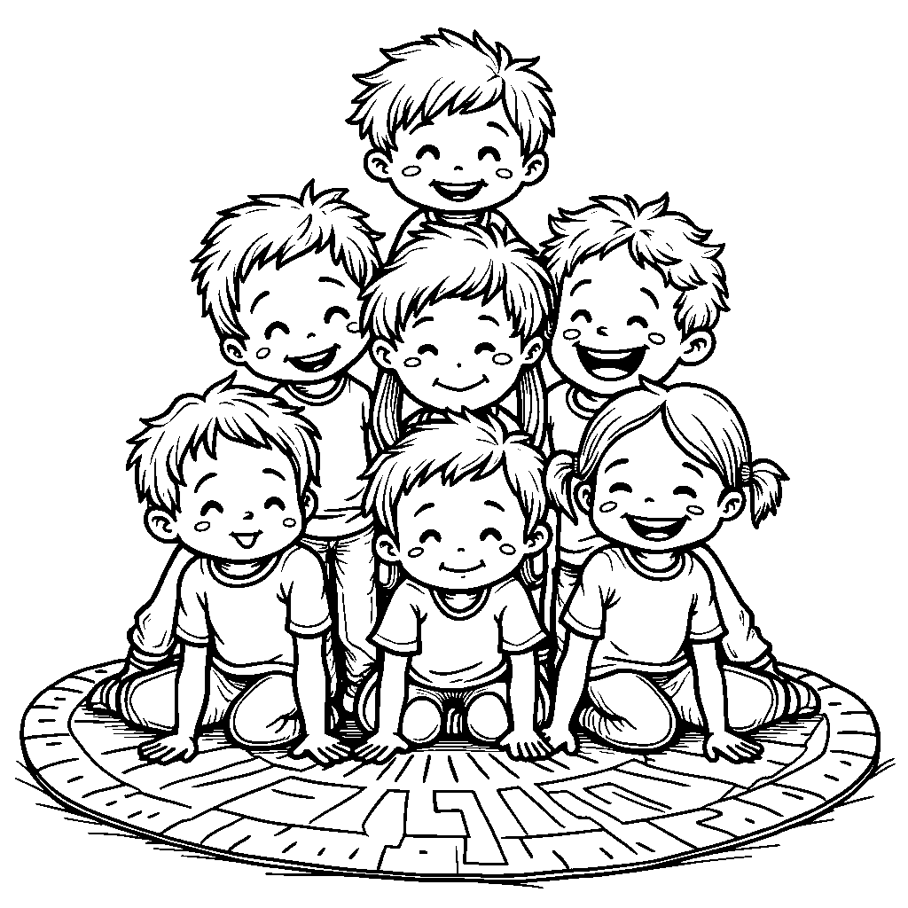 A group of kids forming a human pyramid on a colorful mat