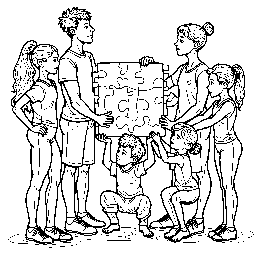 A team of gymnasts working together to build a giant puzzle