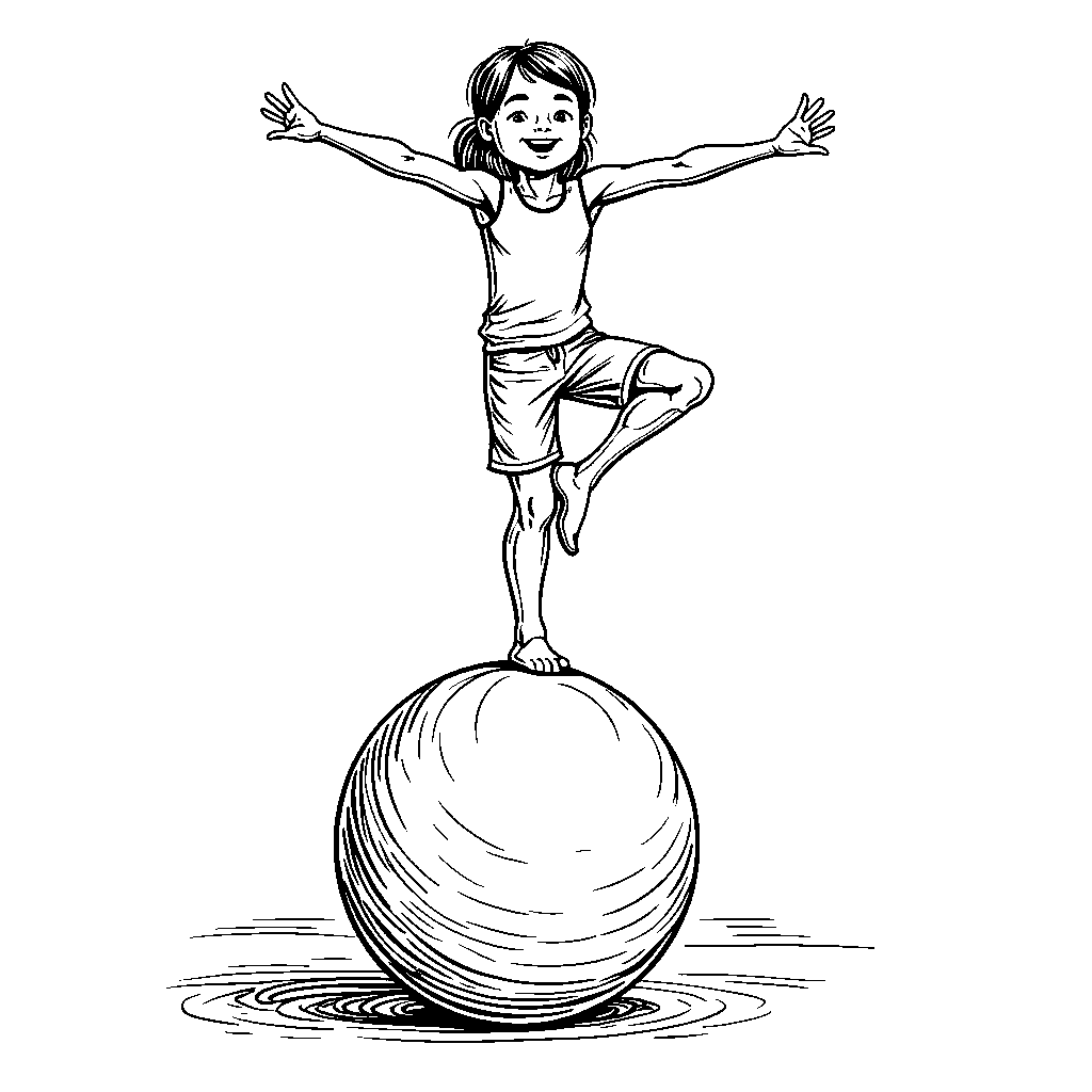 Gymnast balancing on one foot on top of a giant exercise ball