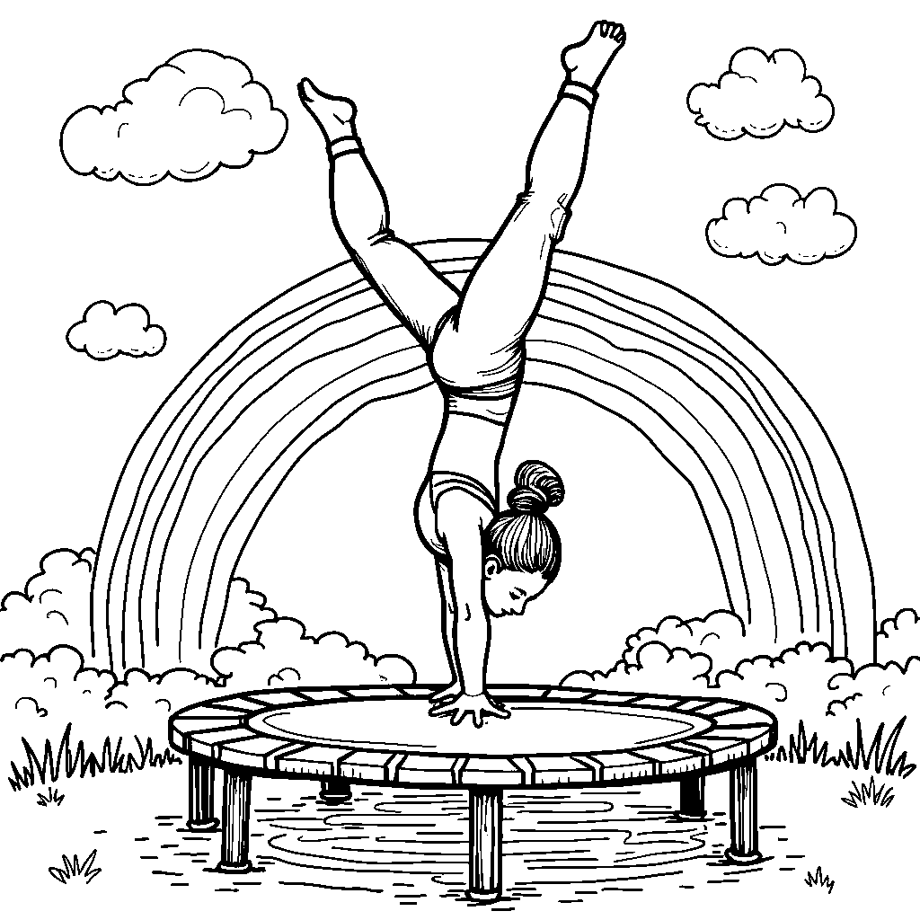 Gymnast doing a backflip on a rainbow-colored trampoline