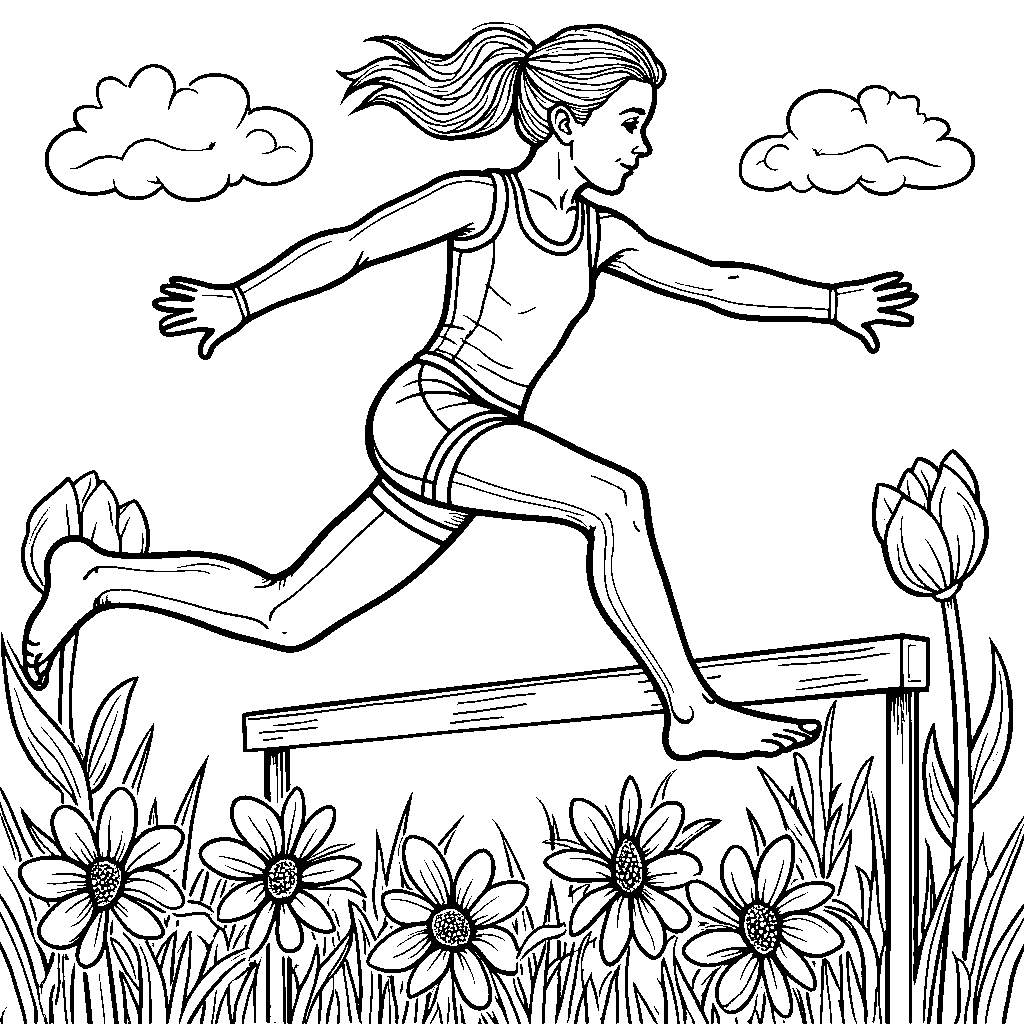 Gymnast jumping over a hurdle made of colorful flowers