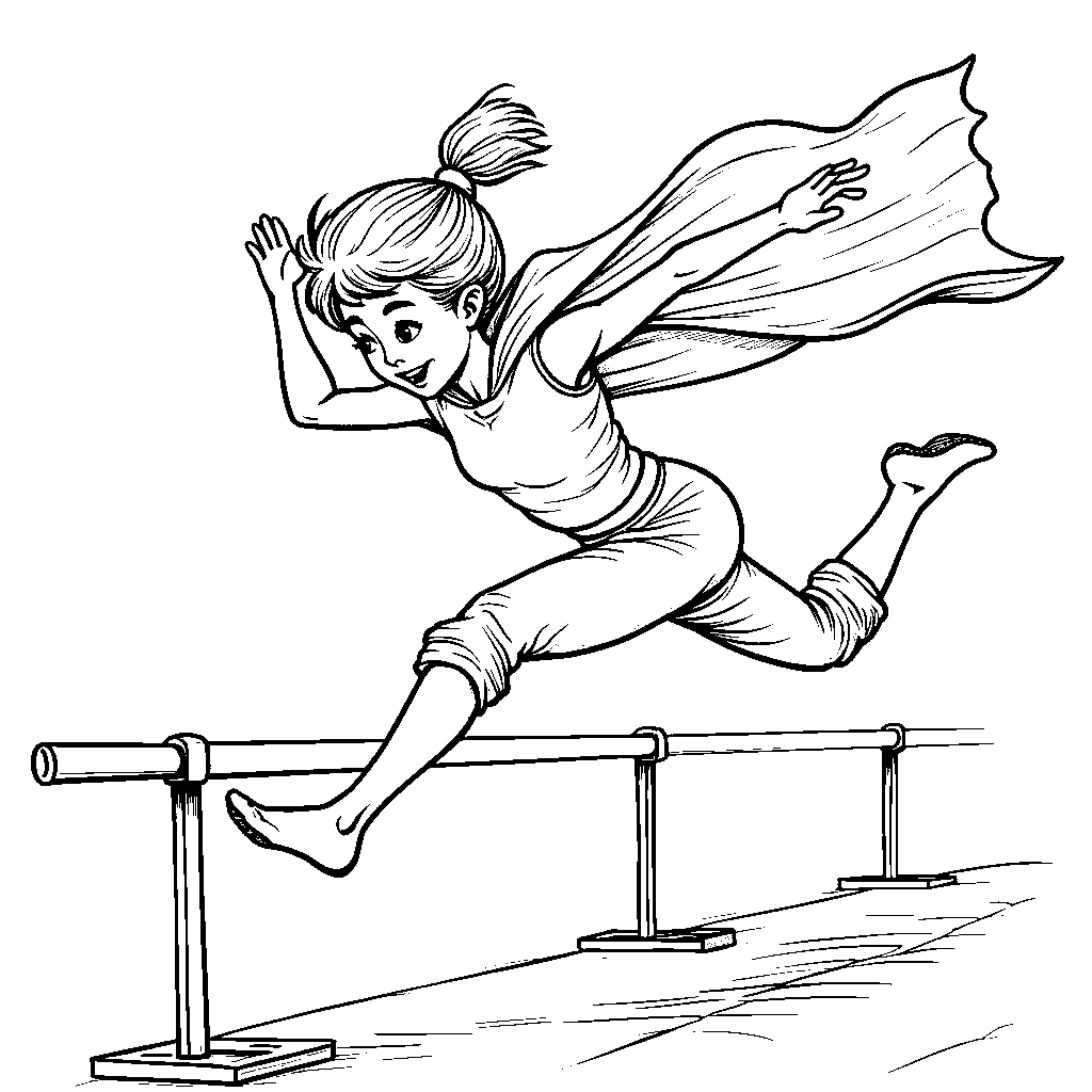 Gymnast jumping over a hurdle with a superhero cape flowing behind