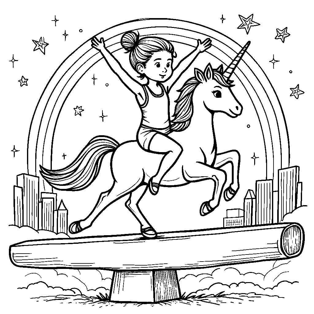 Gymnast riding a unicorn-shaped balance beam