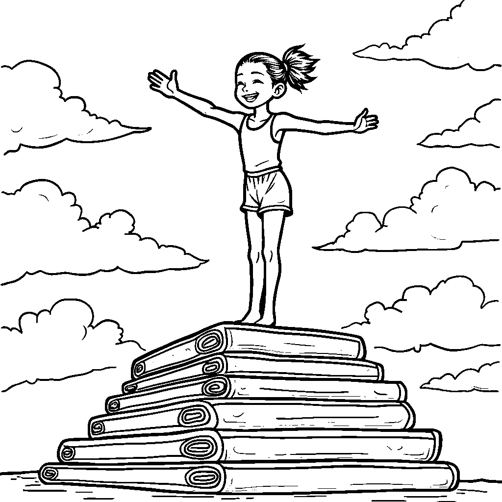 Gymnast standing on one hand on top of a giant stack of exercise mats