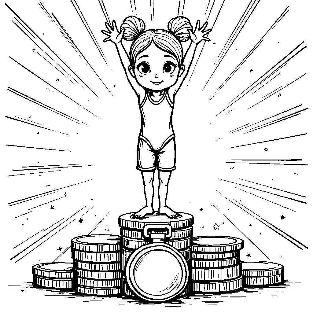 Gymnast standing on top of a giant stack of gymnastics medals