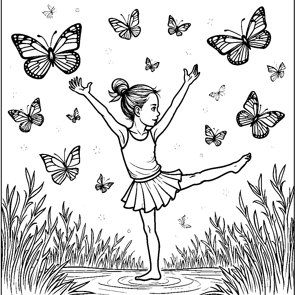 Gymnast surrounded by a swarm of colorful butterflies