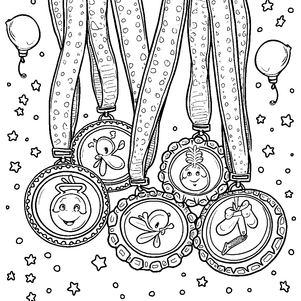 Gymnastics medals with fun designs like stars, hearts, and smiley faces