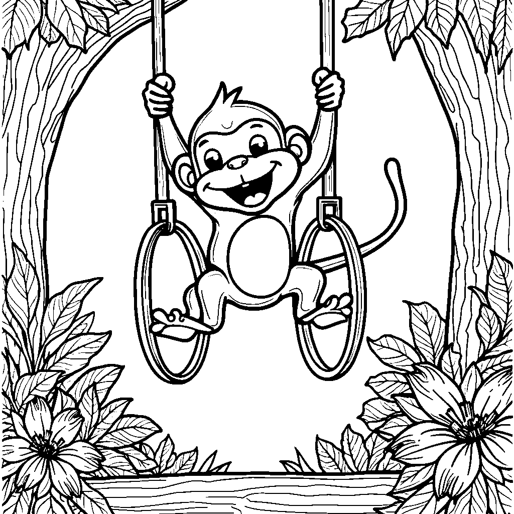 Monkey swinging from gymnastics rings in a jungle gym