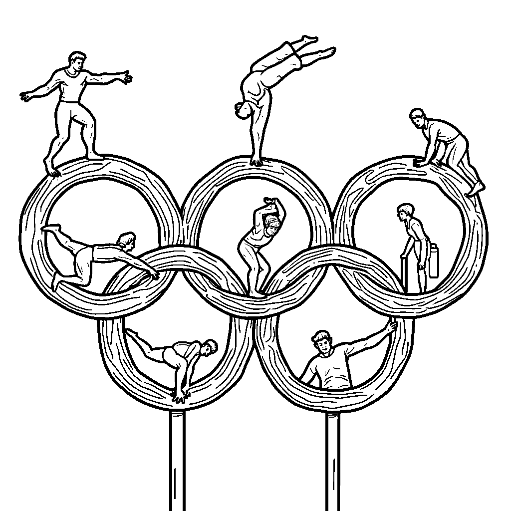 Olympic rings with gymnastics equipment inside each ring