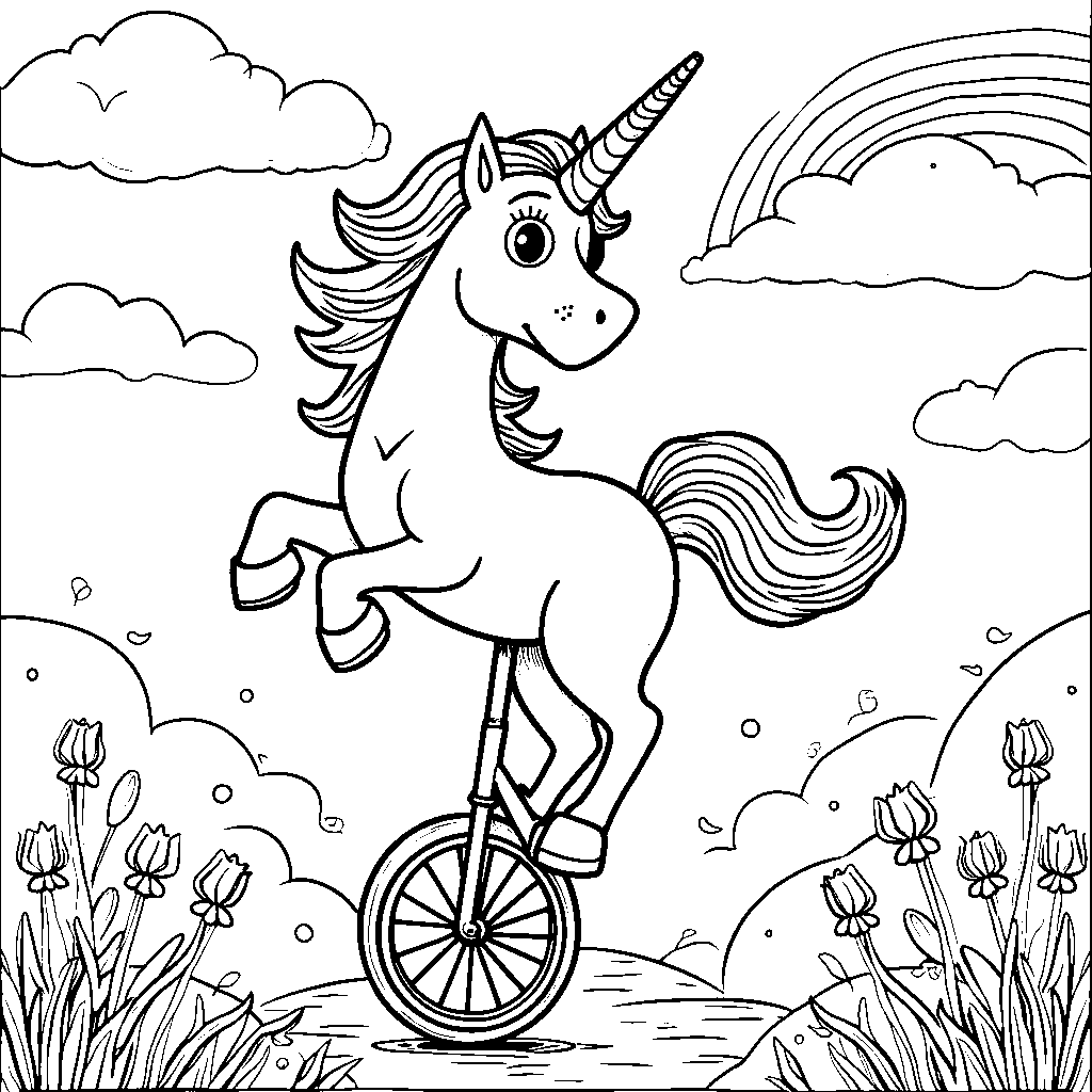 Unicorn riding a unicycle on a balance beam