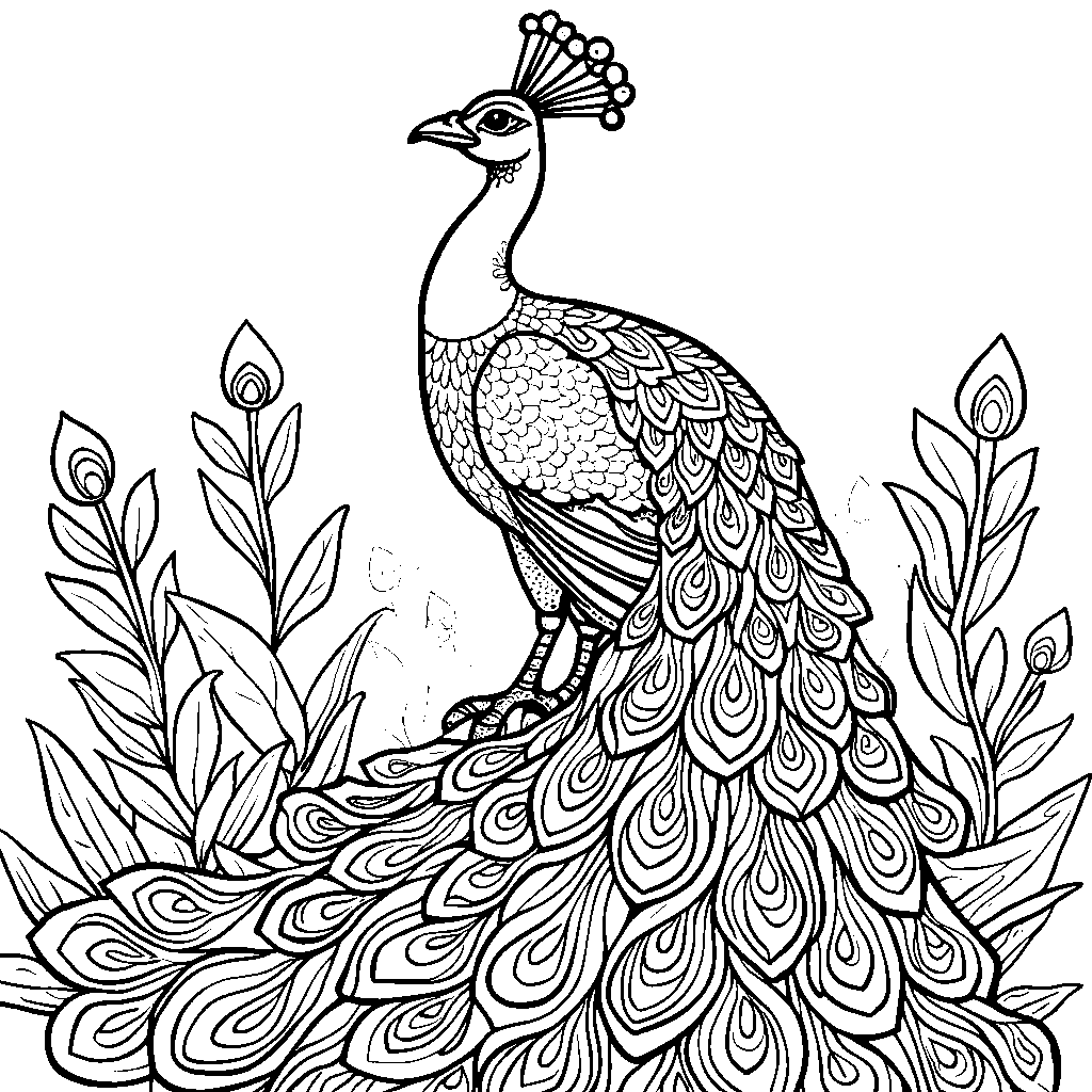 A beautiful peacock with vibrant feathers and a crown