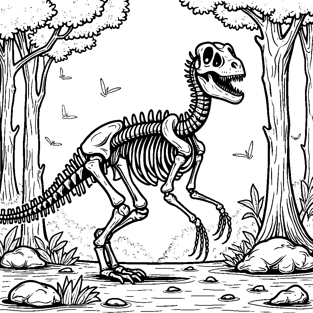 A dinosaur skeleton with detailed bones and fossils