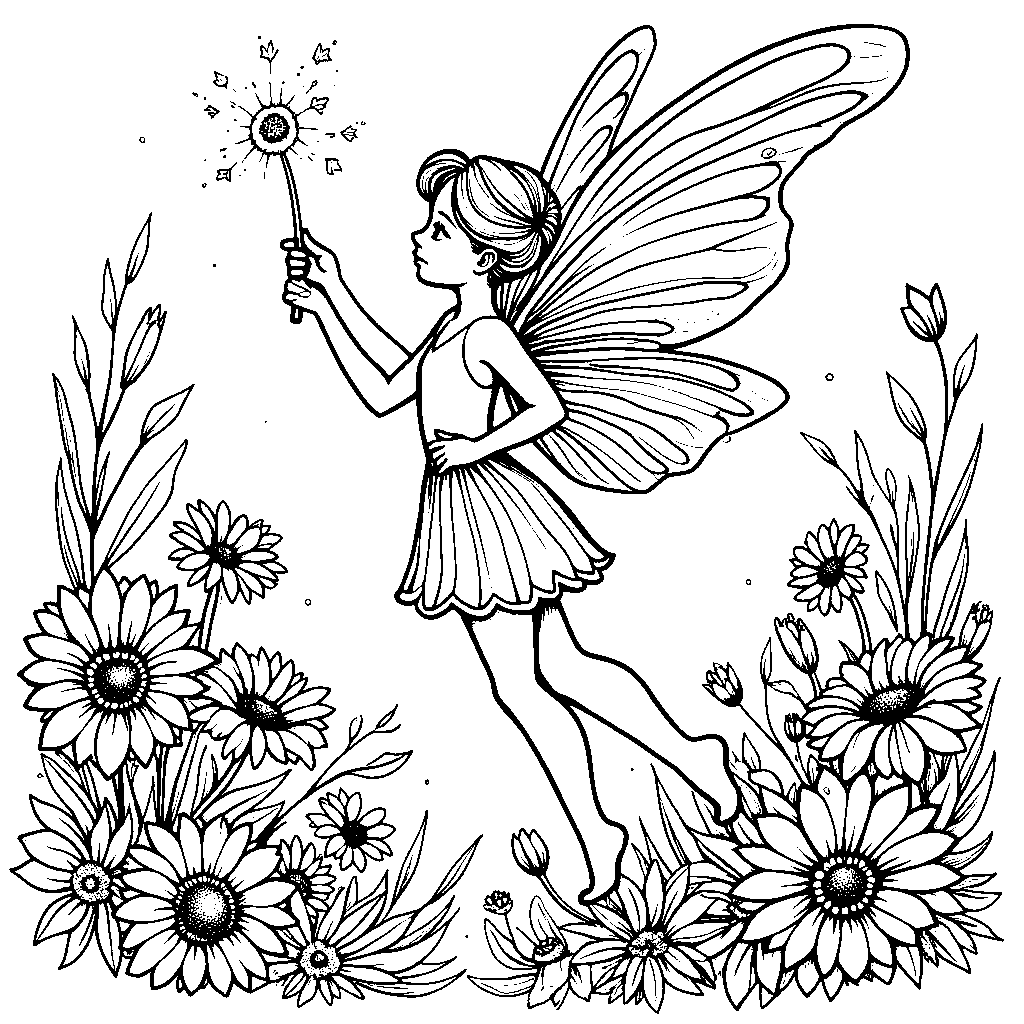 A fairy with wings and a wand, surrounded by flowers