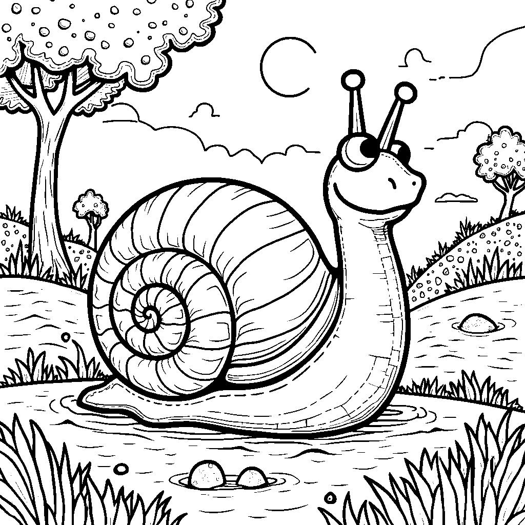 A giant snail with a shell and a slimy trail