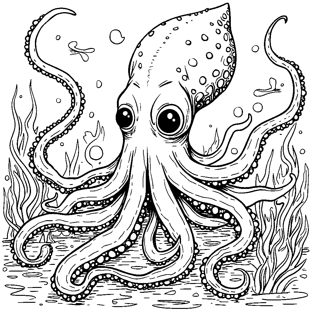 A giant squid with tentacles and a mysterious ocean