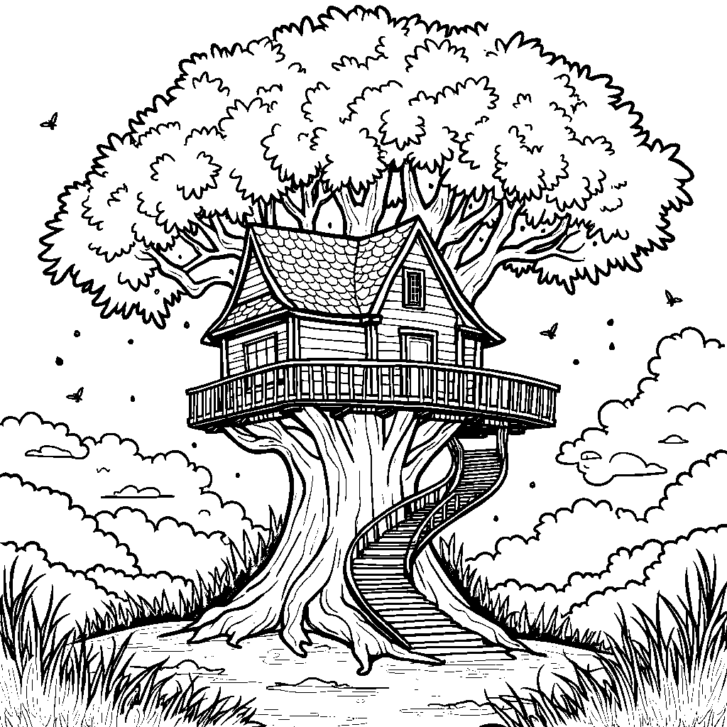 A magical treehouse with stairs and a secret passageway