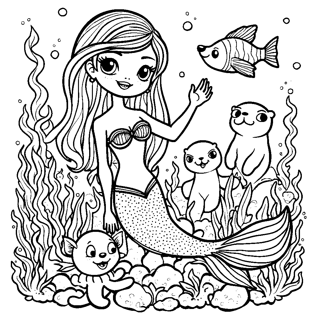 A mermaid with shimmering scales and ocean friends