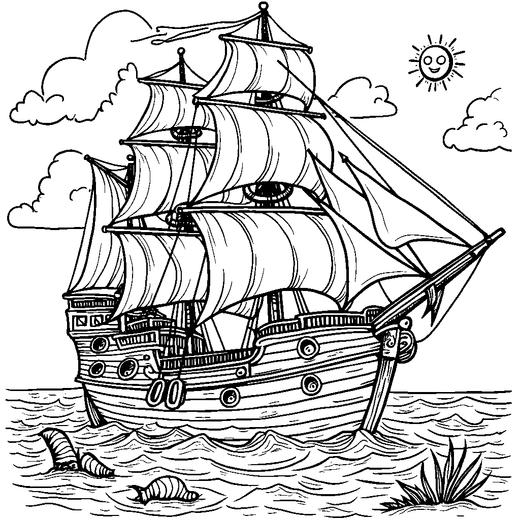 A pirate ship with sails and a treasure map