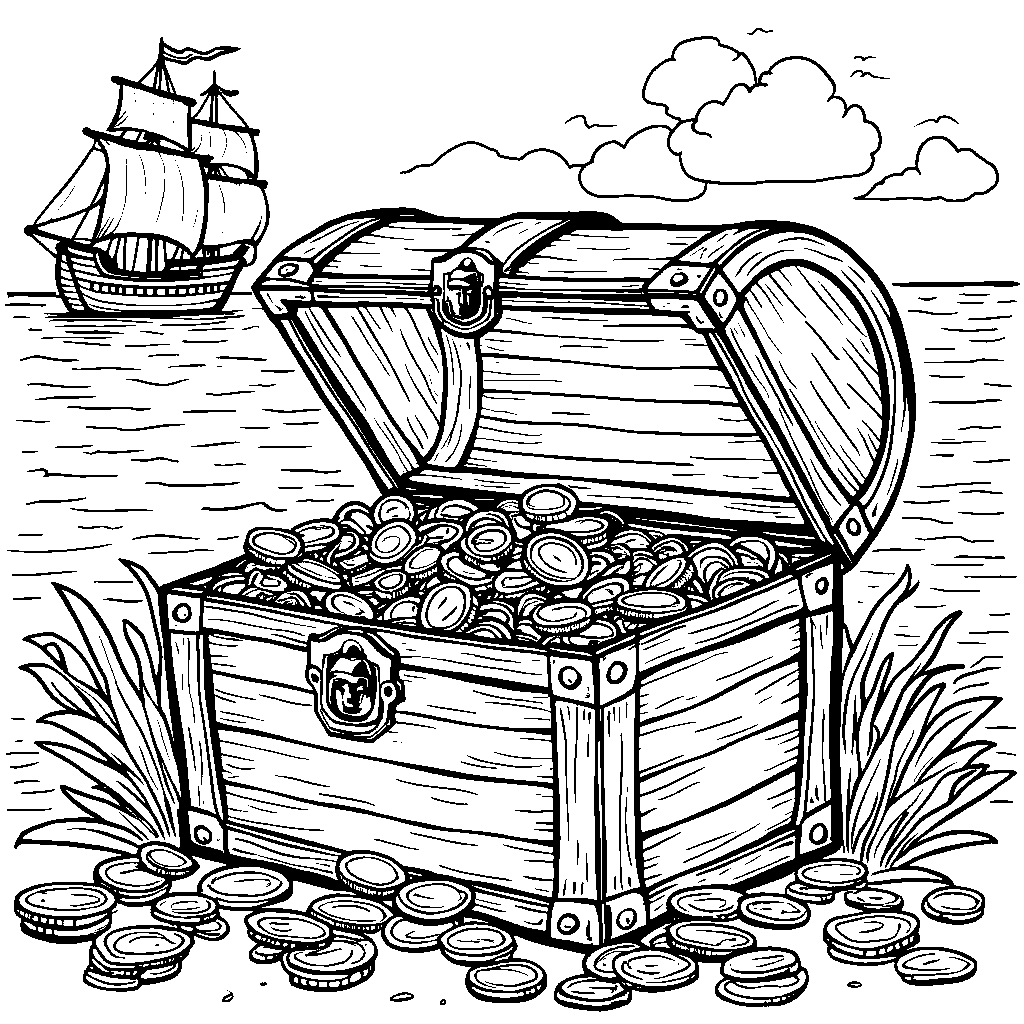 A pirate's treasure chest with gold coins and jewels