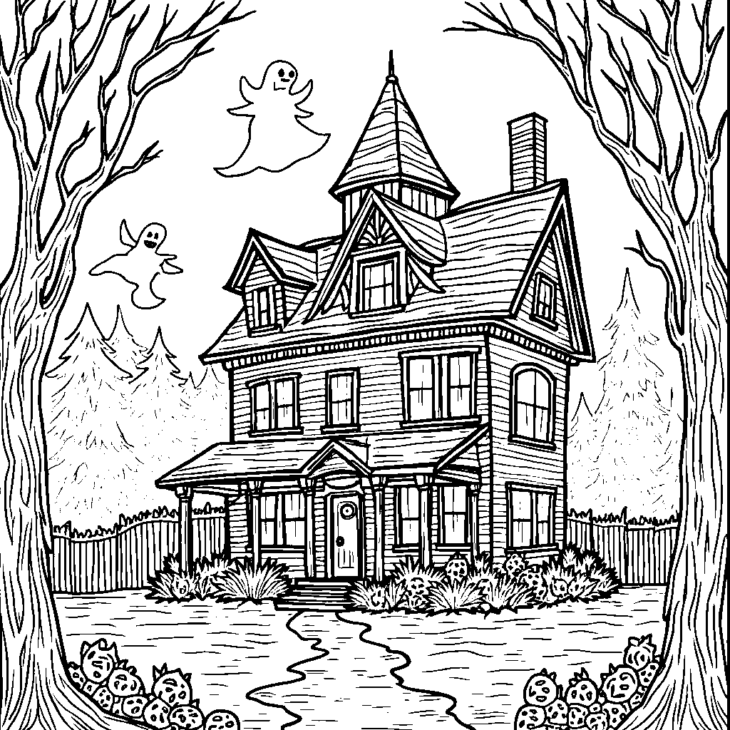 A spooky haunted house with ghosts and cobwebs