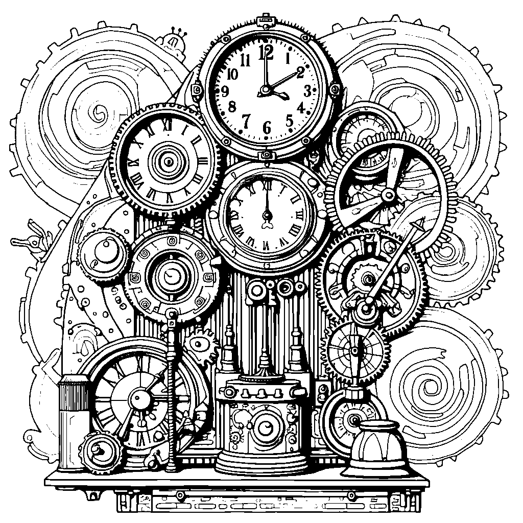 A steampunk-inspired time machine with gears and dials