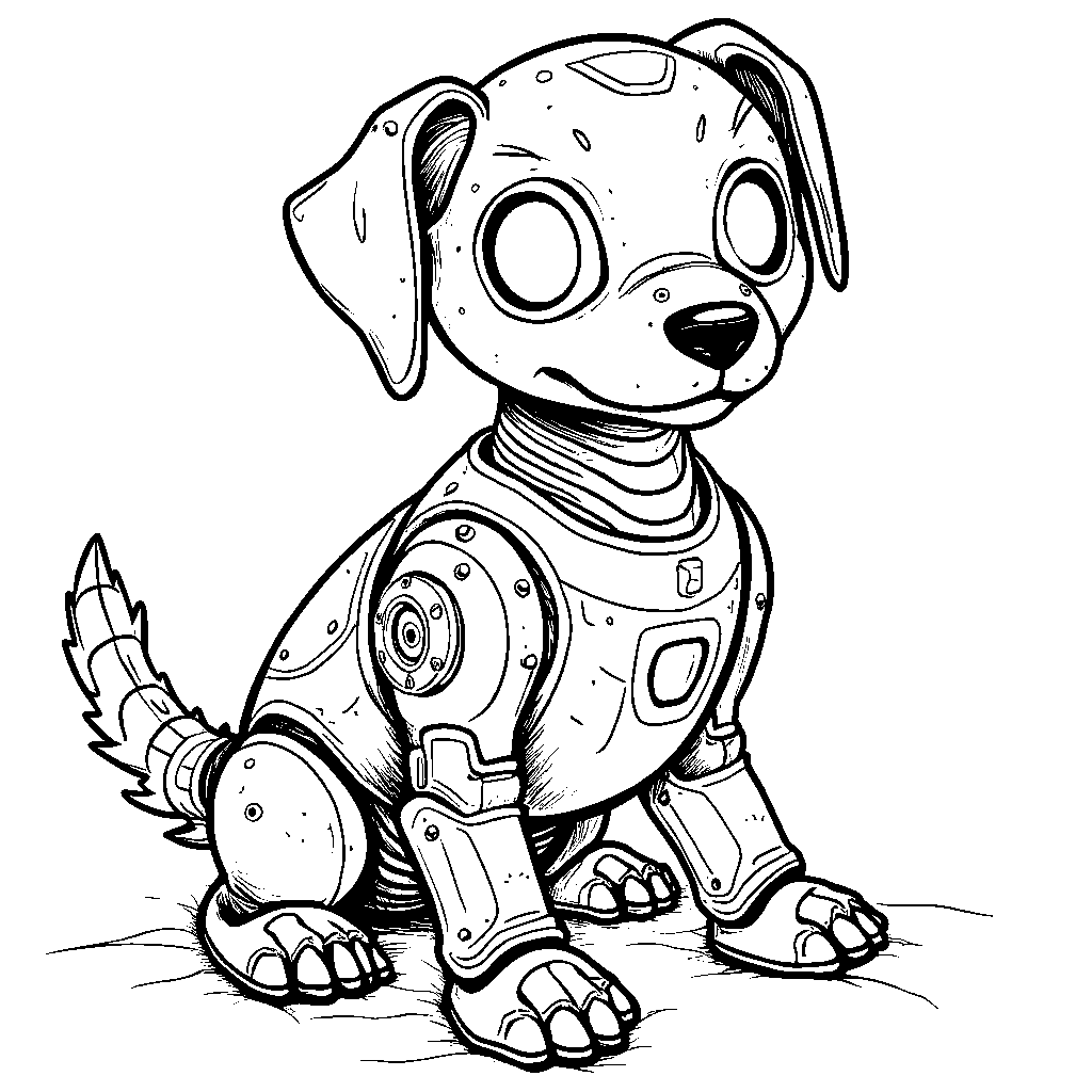 A robot dog with metallic fur and glowing eyes