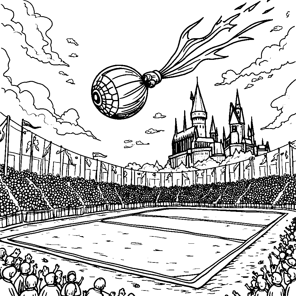 A Golden Snitch flying above the Quidditch pitch