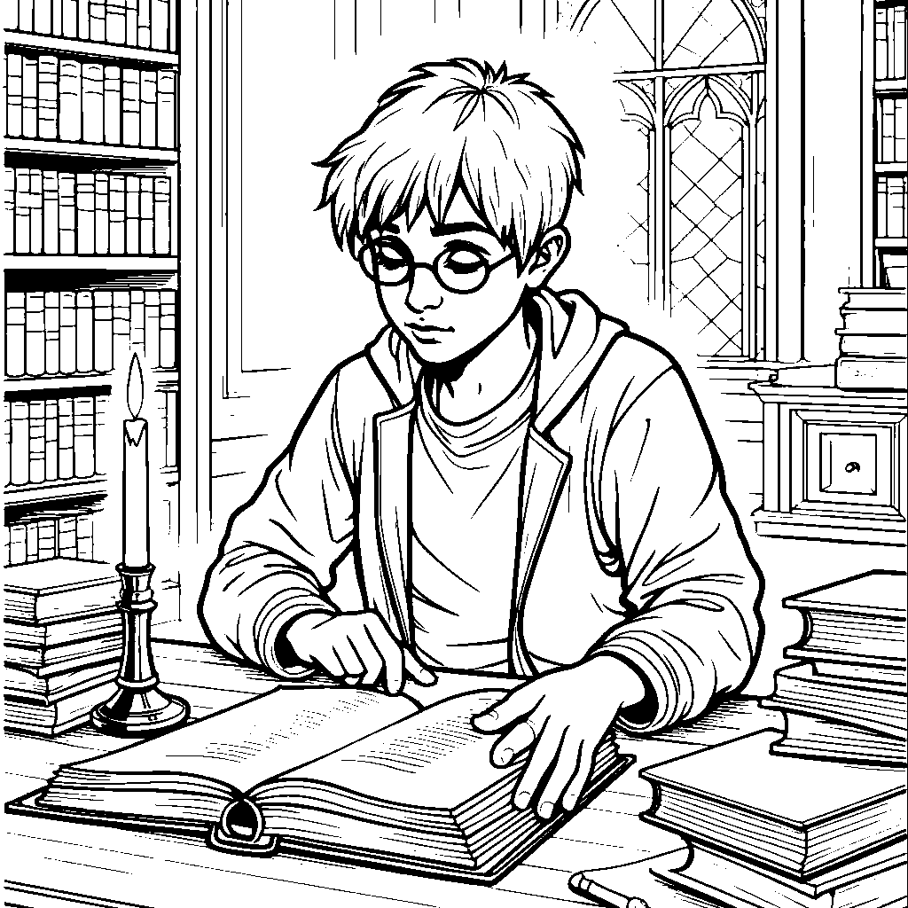 A Hogwarts student studying with a stack of magical texts