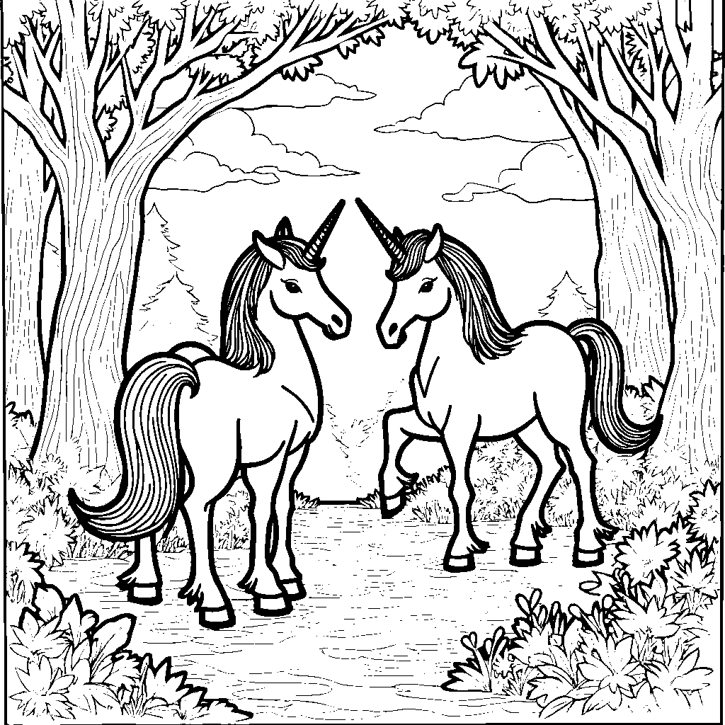 A magical forest filled with centaurs, unicorns, and trees