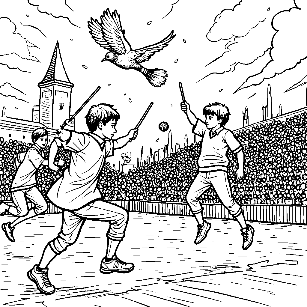 A Quidditch match with flying broomsticks and Bludgers