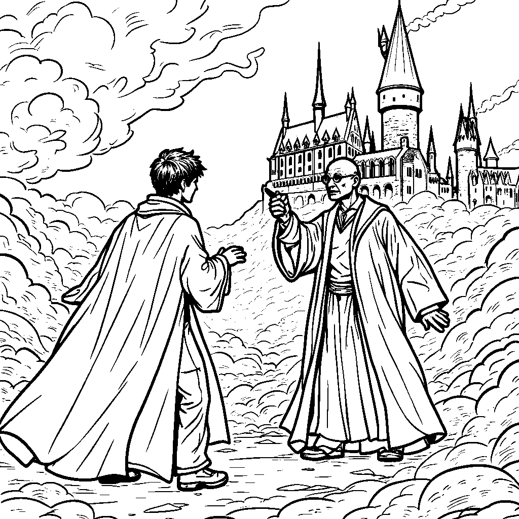 A wizarding duel between Harry Potter and Lord Voldemort