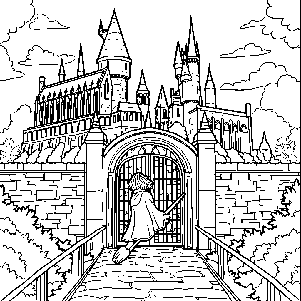 Harry Potter riding a broomstick through the Hogwarts castle gates