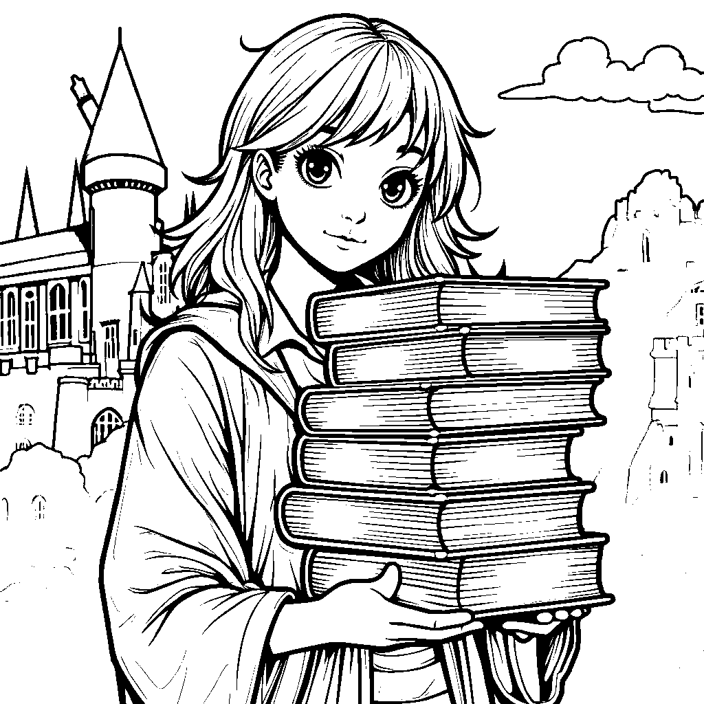 Hermione Granger holding a stack of magical books