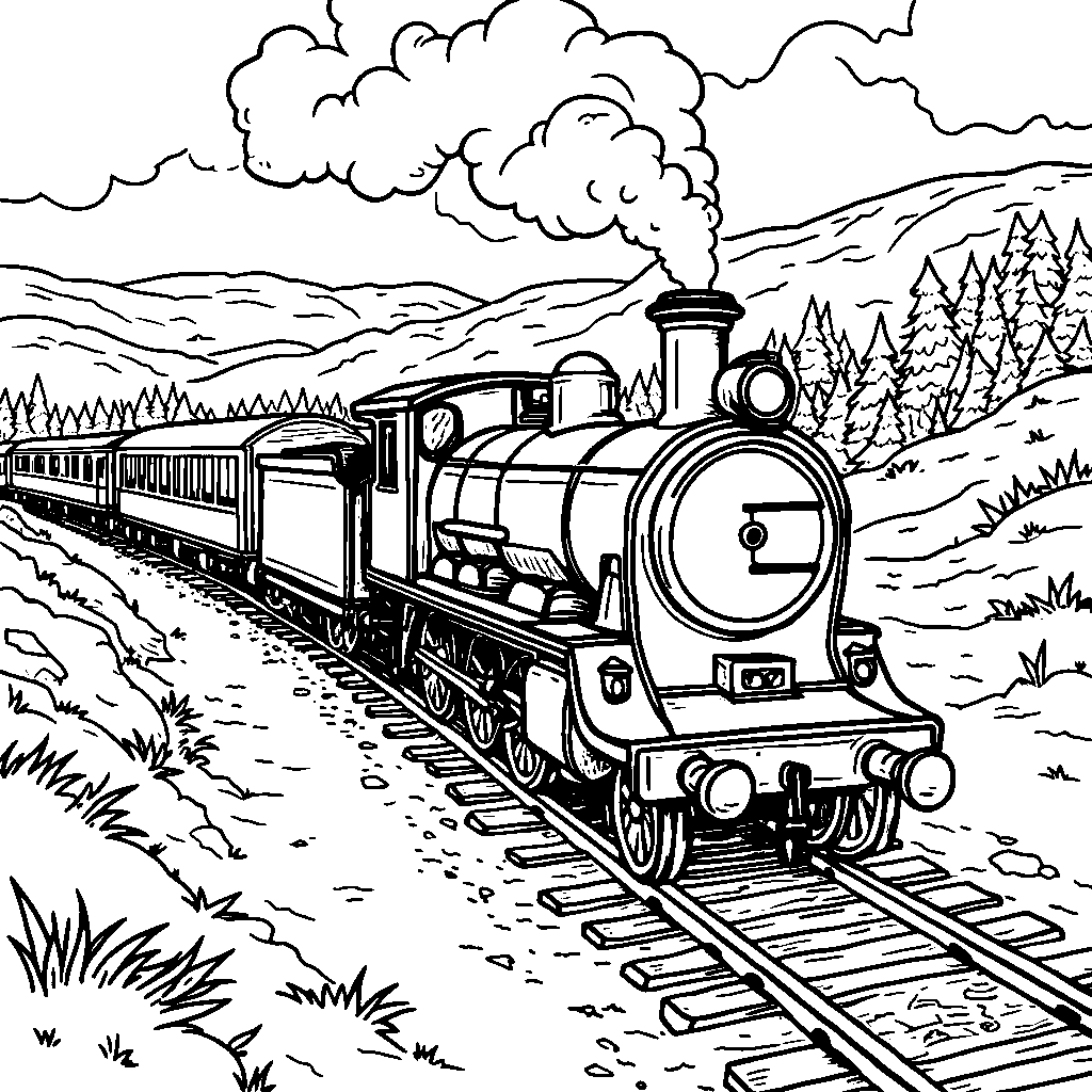 A Hogwarts Express train chugging along the countryside