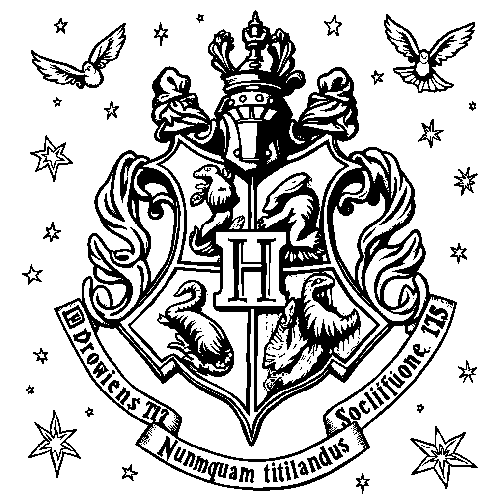 The Hogwarts crest with its motto 'Draco dormiens nunquam titillandus'