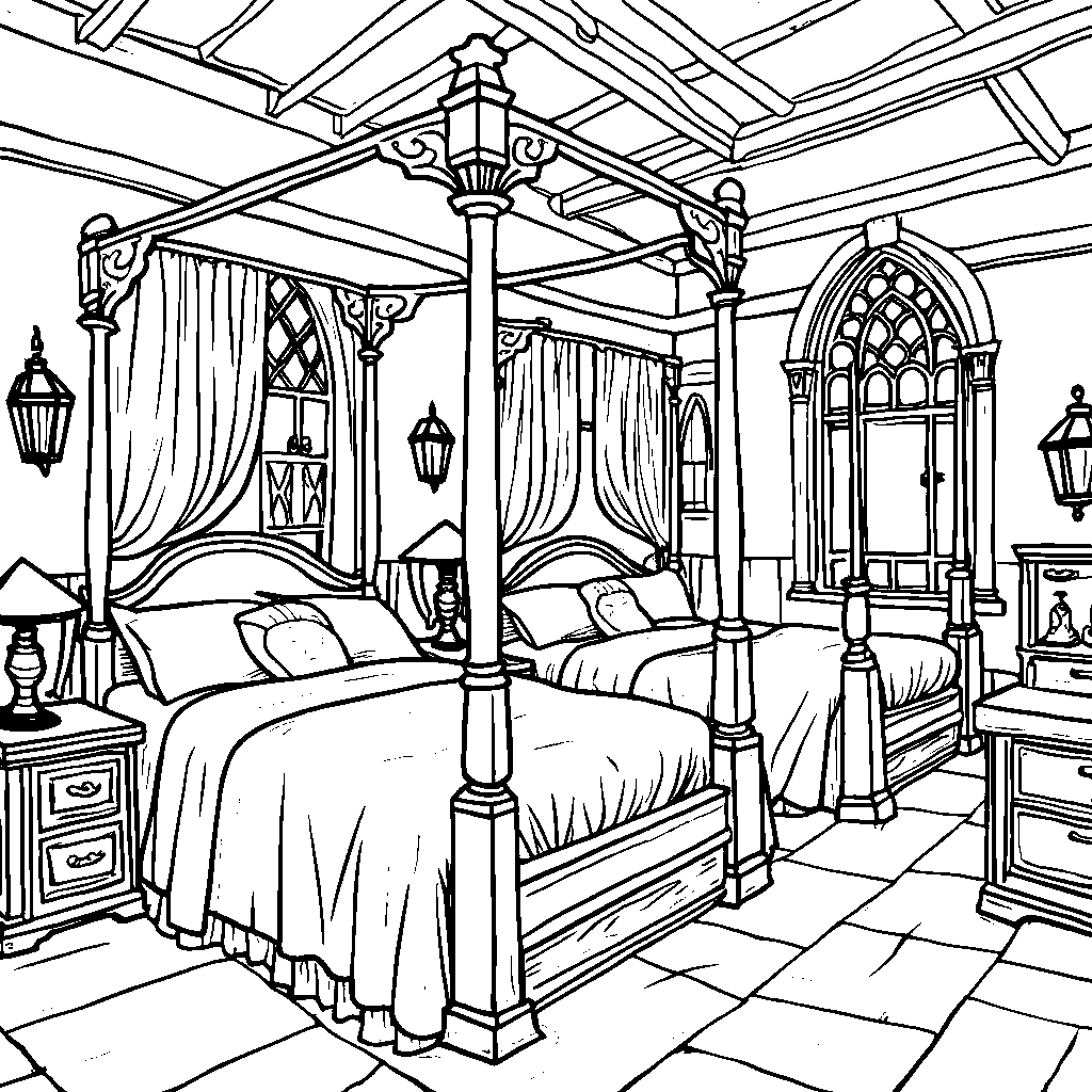 The Hogwarts student's dormitory, complete with four-poster beds