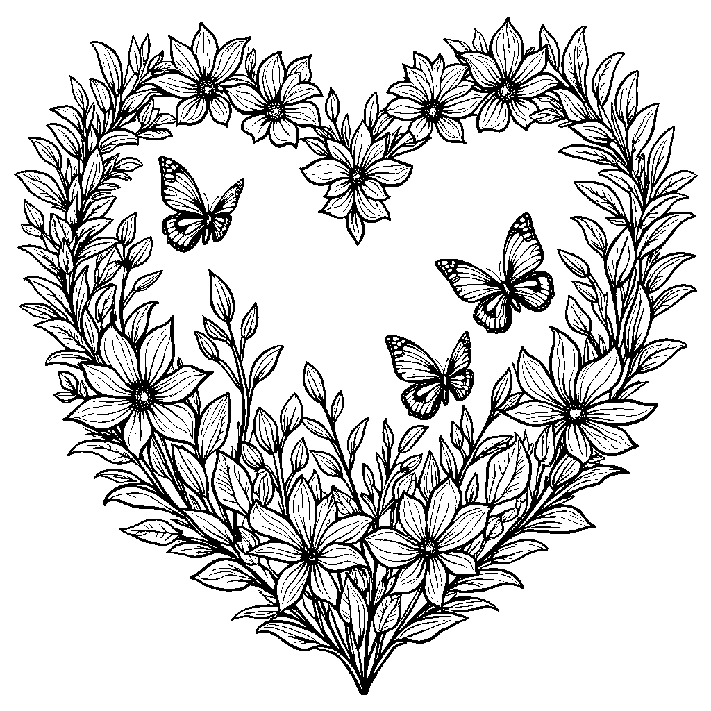 A Heart Garden with Flowers and Butterflies