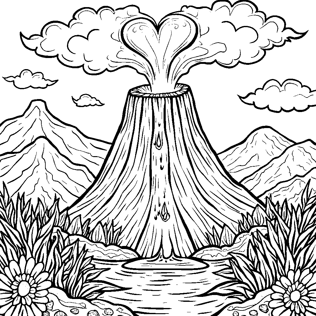 A Heart-Shaped Volcano with Lava Flowing