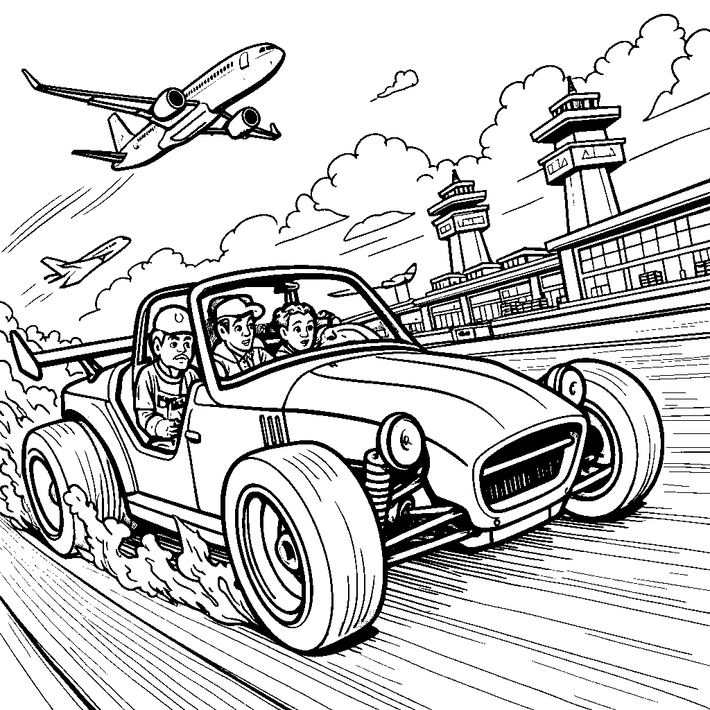 A Hot Wheels car driving through a busy airport