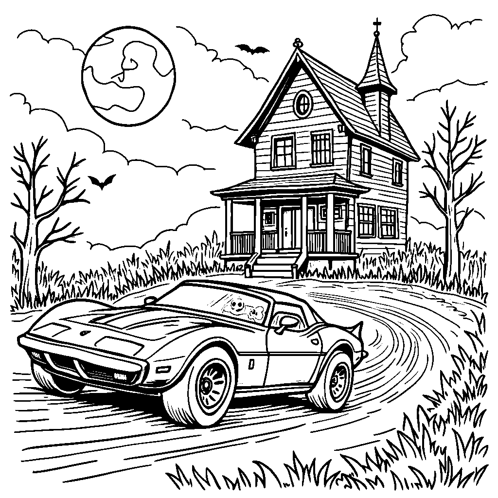 A Hot Wheels car driving through a haunted house