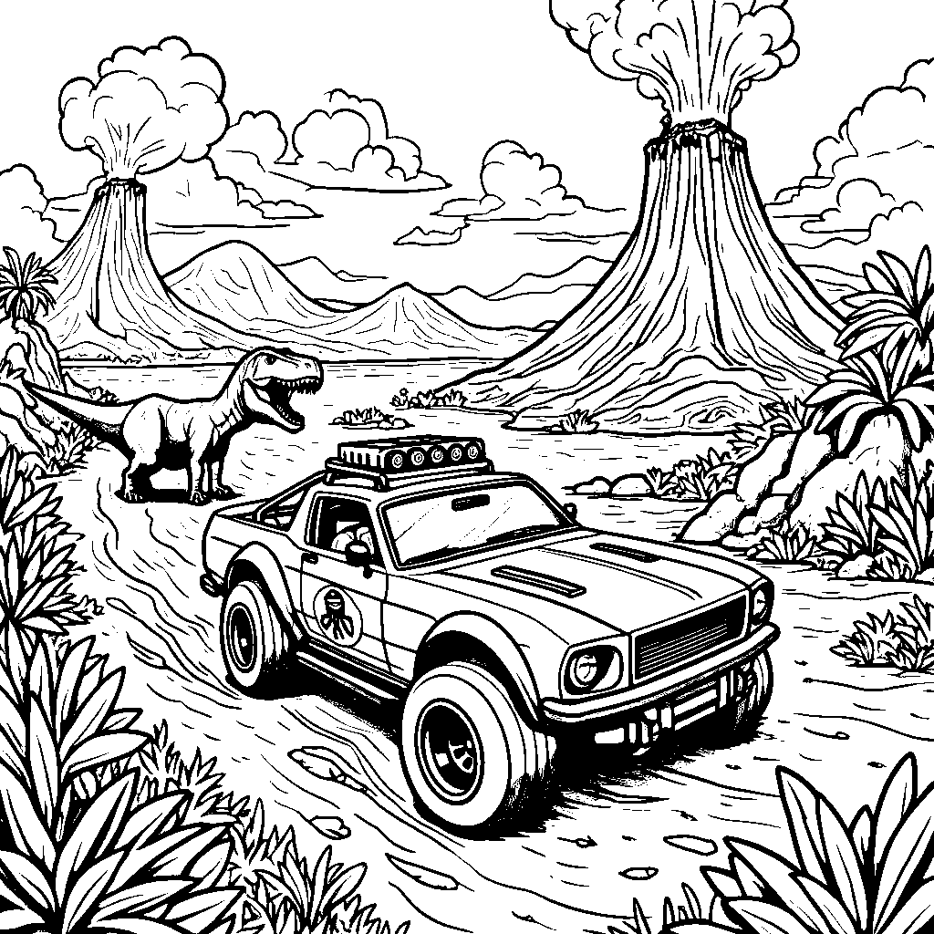 A Hot Wheels car exploring a dinosaur land