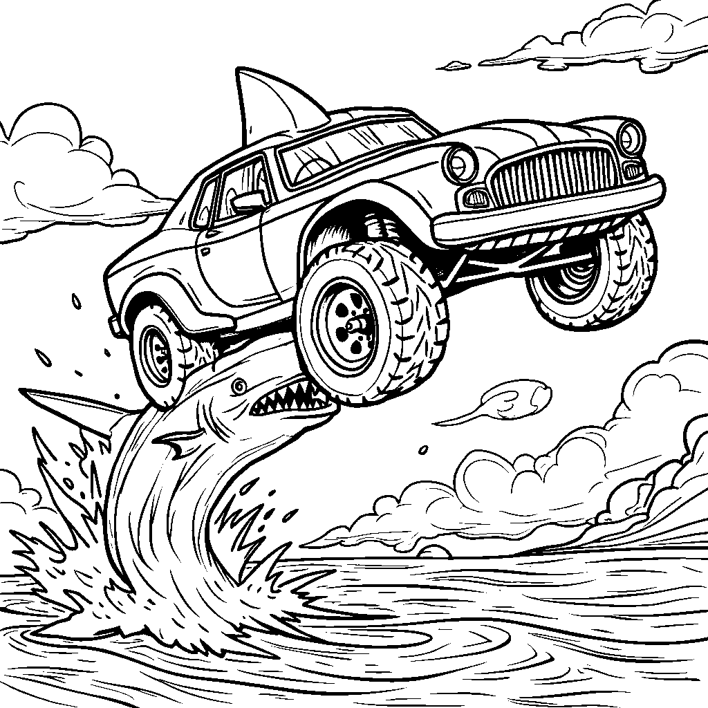 A Hot Wheels car jumping over a shark