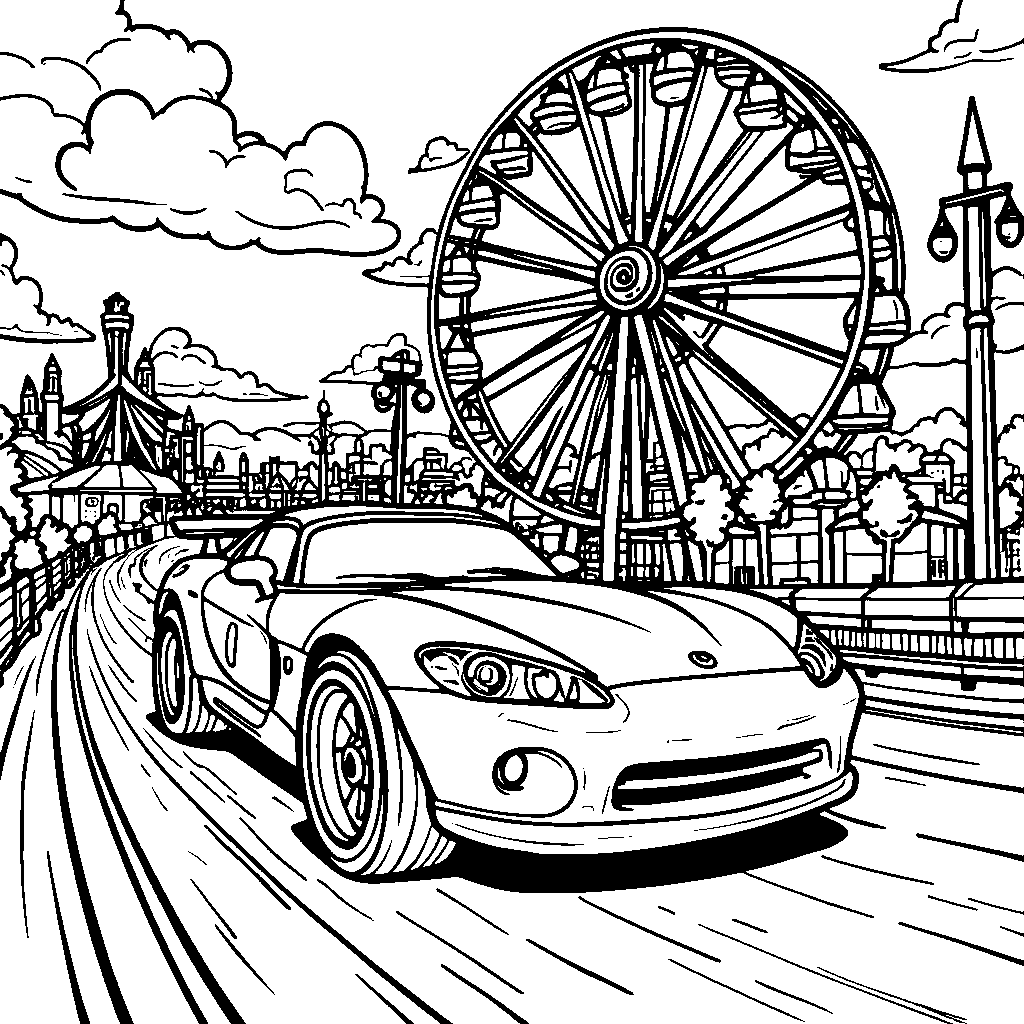 A Hot Wheels car driving through a carnival with Ferris wheels