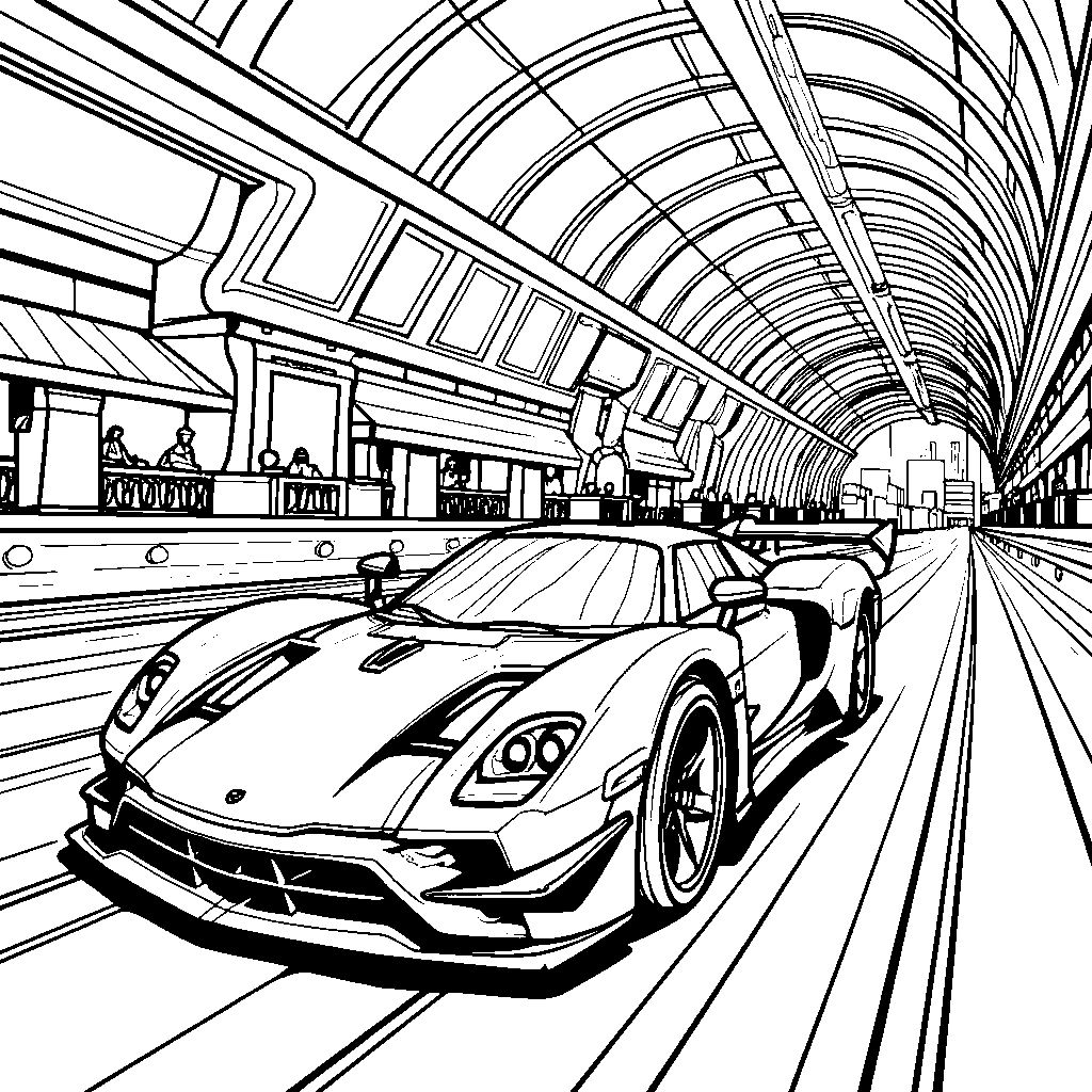 A Hot Wheels car driving through a city tunnel