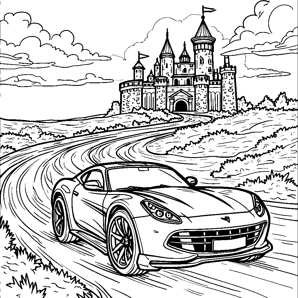 A Hot Wheels car driving through a medieval castle