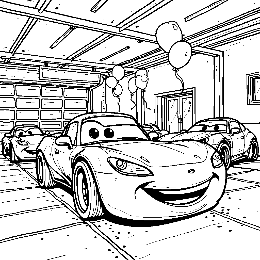 Hot Wheels cars having a party in a garage